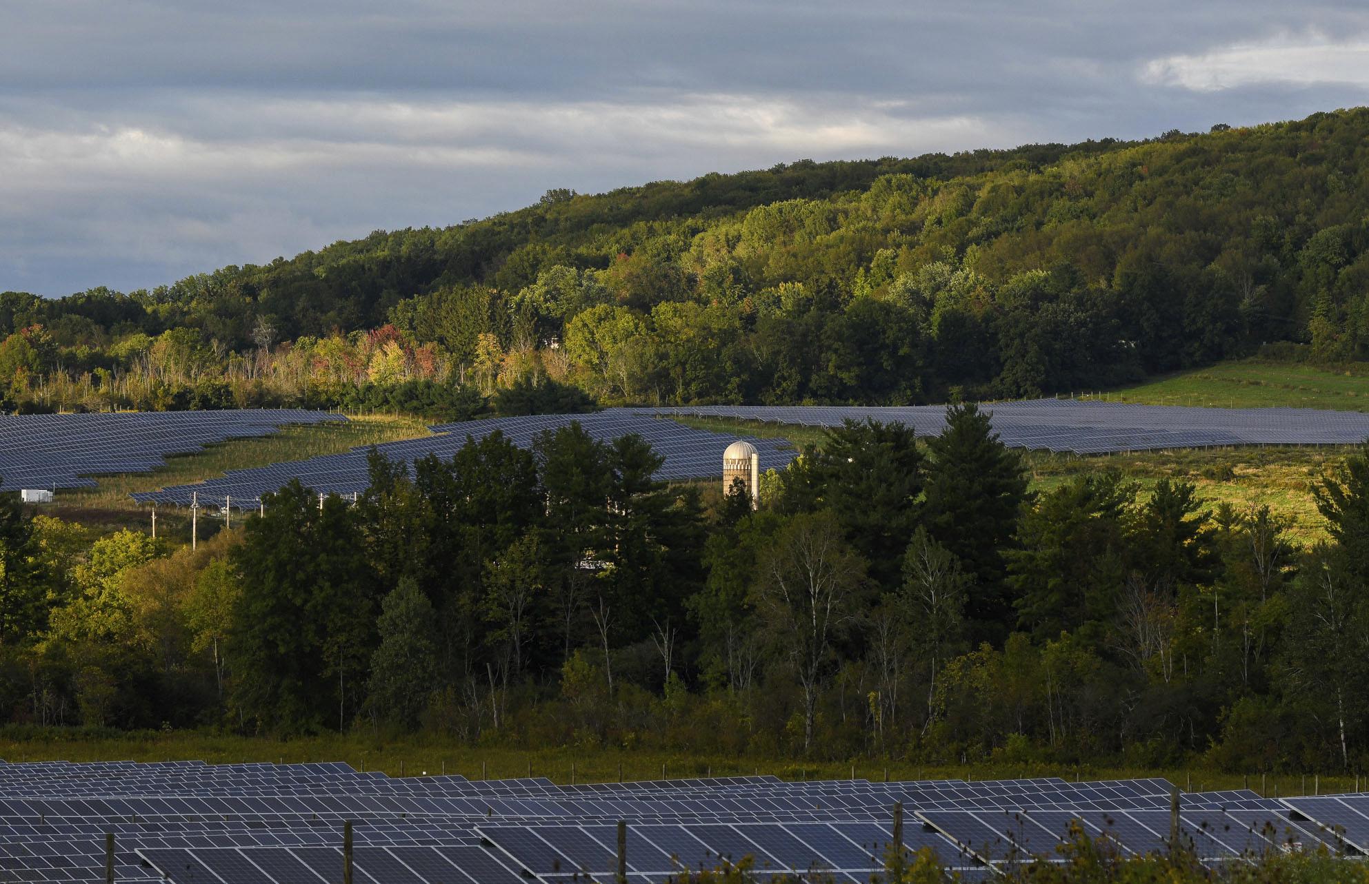Solar farms surround trees at Cornell University in Ithaca, N.Y., Friday, Sept. 24, 2021. As panels spread across the landscape, the grounds around them can be used for native grasses and flowers that attract pollinators such as bees and butterflies. Some solar farms are being used to graze sheep. (AP Photo/Heather Ainsworth)