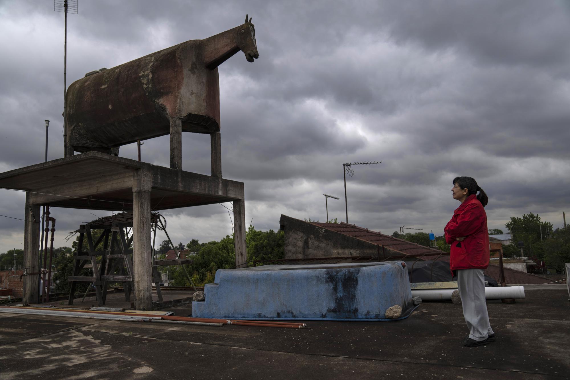 Liliana GutiÃ©rrez mira el tanque de agua con forma de caballo construido por su padre en el barrio San Jorge de Florencio Varela, Argentina, el lunes 26 de octubre de 2022. (AP Foto/Rodrigo Abd)