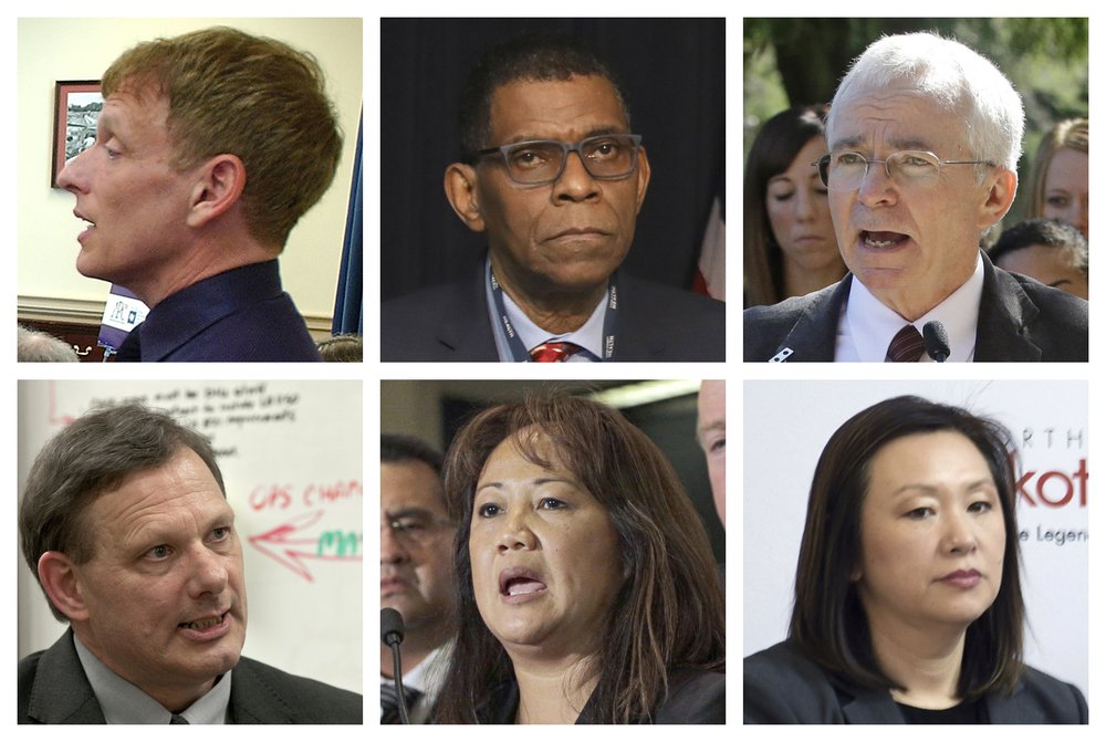 CORRECTS NUMBER TO 27, NOT 267 - This combination of photos shows former health officials, top row from left, Marty Fenstersheib, Terry Mason, and Joseph Miner; second row from left, Thomas Pristow, Trudy Raymundo and Mylynn Tufte. A review by Kaiser Health News and The Associated Press finds they were among at least 27 state and local health leaders who have resigned, retired or been fired since April 2020 across 12 states. (AP Photo, The Bismarck Tribune via AP)