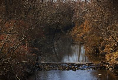 En esta imagen del jueves 9 de diciembre de 2021 se puede ver el arroyo Coldwater detrás de unas viviendas en Belcroft Drive y Old Halls Ferry Road en el condado de San Luis, Missouri.(Christian Gooden/St. Louis Post-Dispatch via AP)