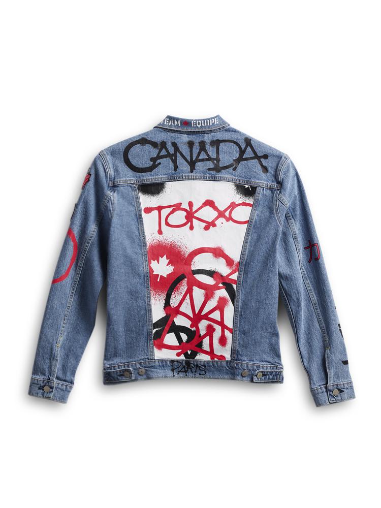 This image provided by Hudson's Bay shows Team Canada's denim jacket to be worn by athletes in the closing ceremony of the Tokyo Olympics. Olympic gear makes for lively social media fodder, starting with the hours-long Parade of Nations. The year's wait due to the pandemic has given enthusiasts extra time to ponder what they love or hate. (Hudson's Bay via AP)