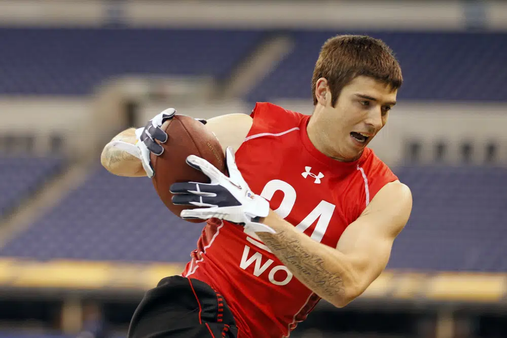 FILE - Oregon wide receiver Jeff Maehl during a drill at the NFL football scouting combine in Indianapolis, Saturday, Feb. 26, 2011. Maehl set a time of 6.42 seconds in the three-cone shuttle at the combine. (AP Photo/Michael Conroy, File)