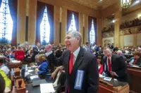 FILE - Louisiana state Rep. Francis Thompson, D-Delhi, reacts after being in sworn in with other members of the Louisiana House of Representatives at the state Capitol in Baton Rouge, La., Jan. 13, 2020. An historically high number supermajorities in state legislatures has pushed laws further to the edge on abortion, climate and transgender issues. Twenty-eight states have legislatures with majorities so large they could override a gubernatorial veto without any help of the opposing party. (AP Photo/Brett Duke, File)