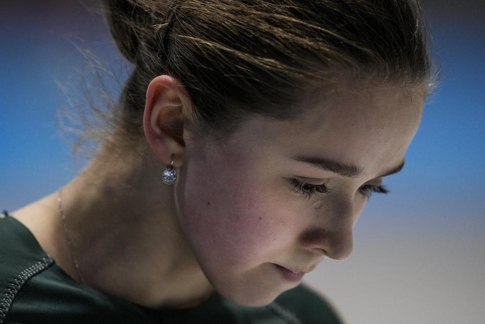 Kamila Valieva, of the Russian Olympic Committee, trains at the 2022 Winter Olympics, Saturday, Feb. 12, 2022, in Beijing. (AP Photo/Bernat Armangue)