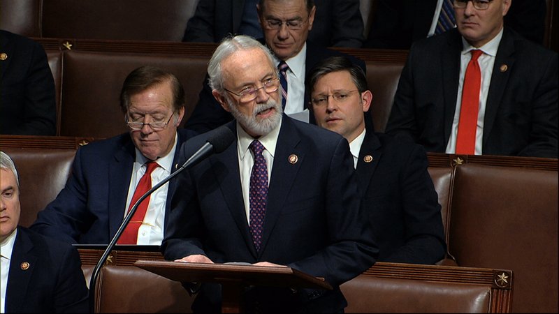 FILE - In this Dec. 18, 2019 file photo Rep. Dan Newhouse, R-Wash., speaks as the House of Representatives debates the articles of impeachment against President Donald Trump at the Capitol in Washington. Earlier this month Newhouse came out in favor of impeaching Trump over the riot at the Capitol. On Monday, Jan. 25, 2021, most of the Republican county leaders in Newhouse's congressional district called for the lawmaker to resign because of his support for impeachment. (House Television via AP, File)