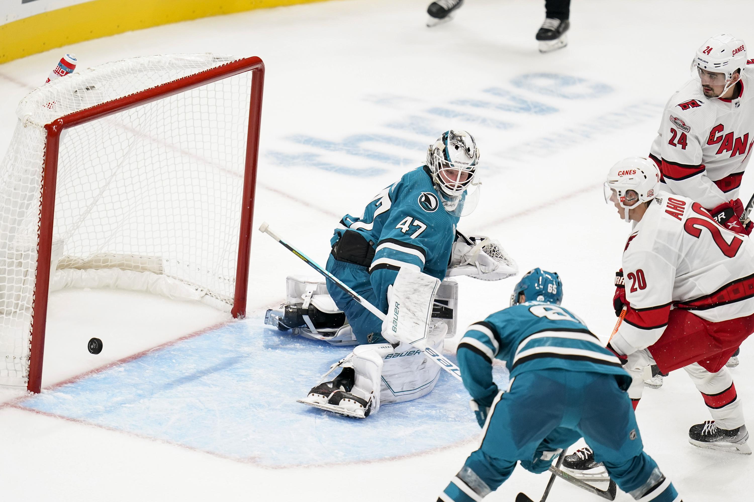 Aho's late goal leads Hurricanes past Sharks 2-1 | AP News