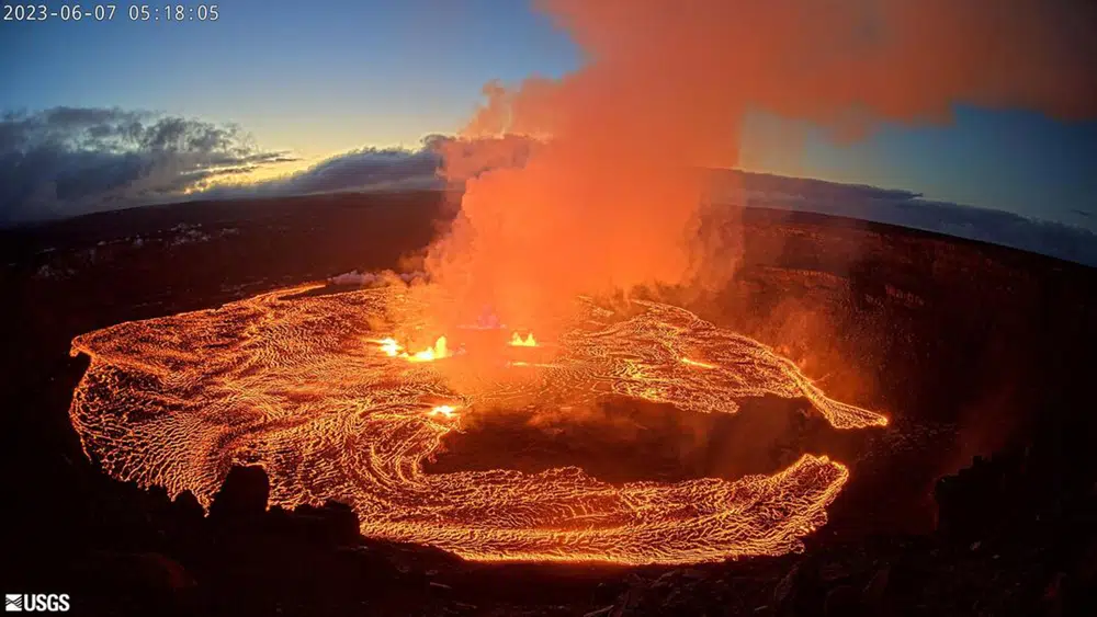 In this webcam image provided by the U.S. Geological Survey, an eruption takes place on the summit of the Kilauea volcano in Hawaii, Wednesday June 7, 2023. Kilauea, the second largest volcano in Hawaii, began erupting Wednesday morning, officials with the U.S. Geological Survey said in a statement. Kilauea, one of the world's most active volcanoes, erupted from Sept. 2021 to Dec 2022. A 2018 Kilauea eruption destroyed more than 700 residences. (U.S. Geological Survey via AP)