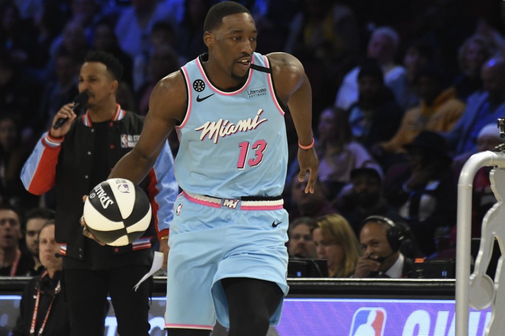 Miami Heat's Bam Adebayo participates in NBA basketball's All-Star skills challenge Saturday, Feb. 15, 2020, in Chicago. (AP Photo/David Banks)