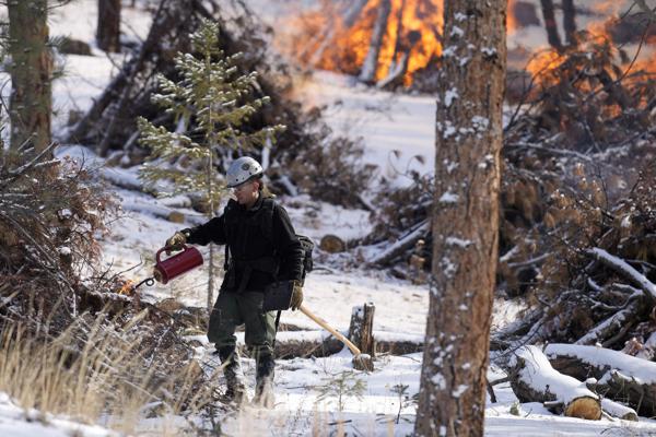 John Knudsen, miembro del Cuerpo Juvenil de Mile High, prendió fuego a una pila de escombros de árboles junto con bomberos del Servicio Forestal de los Estados Unidos cerca de los terrenos de picnic de Bridge Crossing en Hatch Gulch el miércoles 23 de febrero de 2022, cerca de Deckers, Colorado. En Colorado, el cambio climático significa que la nieve no siempre está en el suelo cuando es necesario para que las cuadrillas puedan quemar de manera segura las pilas de escombros y la vegetación para ayudar a evitar que los futuros incendios forestales se vuelvan catastróficos. (AP Photo/David Zalubowski)