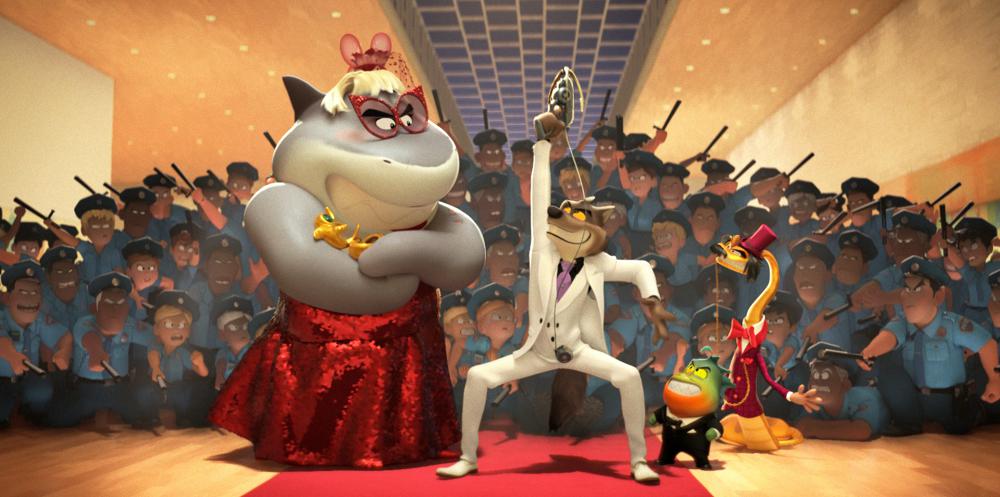 This image released by DreamWorks Animation shows animated characters, foreground from left, Shark, voiced by Craig Robinson, Wolf, voiced by Sam Rockwell, Piranha, voiced by Anthony Ramos and Snake, voiced by Marc Maron in "The Bad Guys." (DreamWorks Animation via AP)