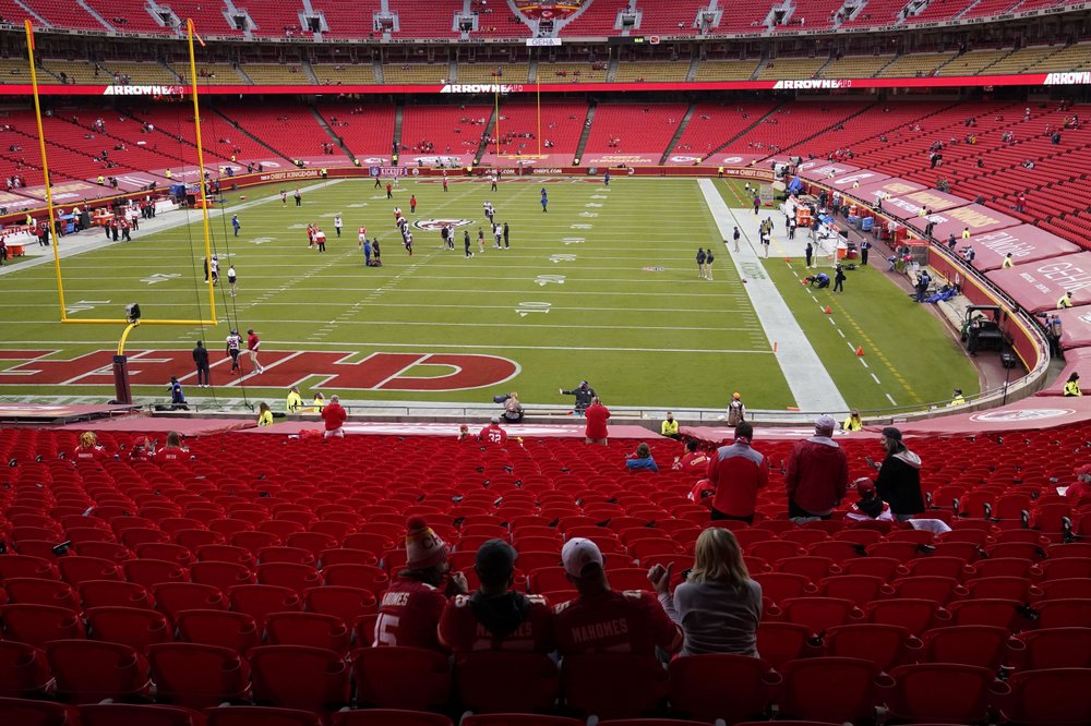 Fans wait for the start of an NFL football game between the Kansas City Chiefs and the Houston Texans Thursday, Sept. 10, 2020, in Kansas City, Mo. (AP Photo/Jeff Roberson)