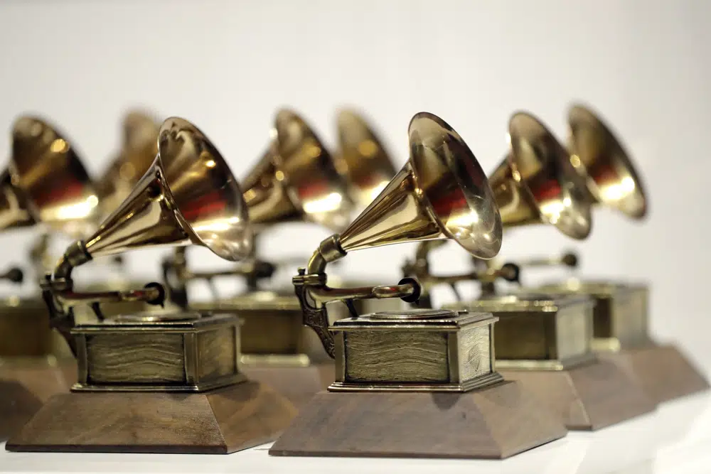 FILE - Grammy Awards are displayed at the Grammy Museum Experience at Prudential Center in Newark, N.J. on Oct. 10, 2017. The Recording Academy has announced three new categories to be added to the 2024 Grammy Awards: Best Pop Dance Recording, Best African Music Performance, and Best Alternative Jazz Album. (AP Photo/Julio Cortez, File)