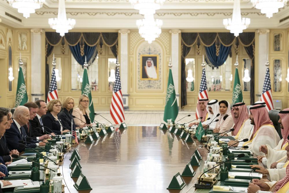 President Joe Biden participates in a working session with Saudi Crown Prince Mohammed bin Salman at the Al Salman Royal Palace, Friday, July 15, 2022, in Jeddah. (AP Photo/Evan Vucci)
