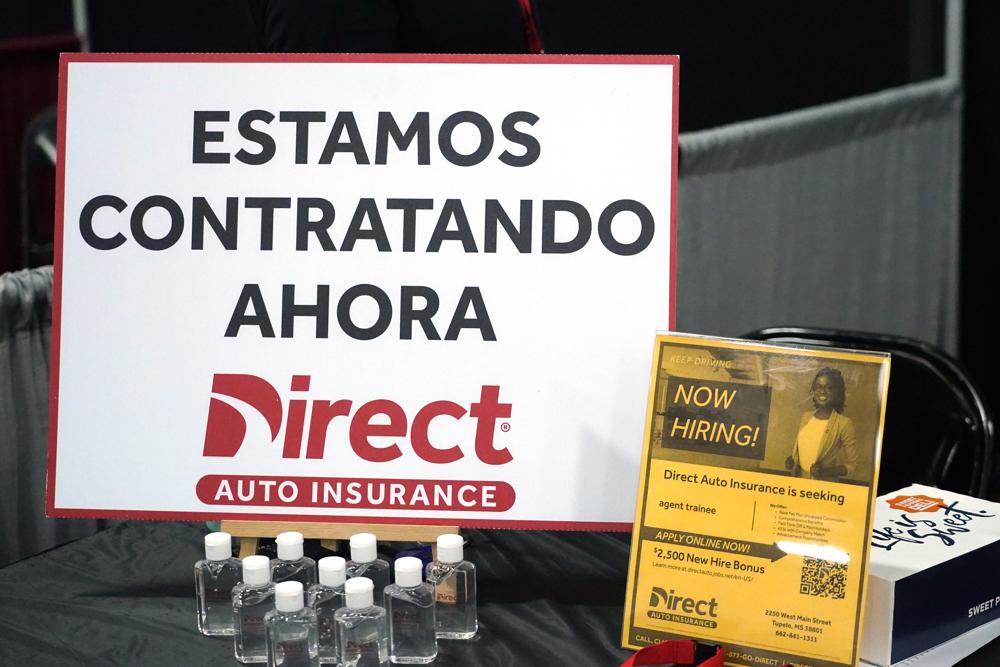 With a growing Latino population in the northeastern counties of Mississippi, Direct Auto Insurance sought out bilingual job applicants during the Lee County Area Job Fair in Tupelo, Miss., Tuesday, Oct. 12, 2021. Employers representing a variety of manufacturing, production, service industry, medical and clerical companies attended the day long affair with an eye towards recruitment, hiring, training and retention. (AP Photo/Rogelio V. Solis)