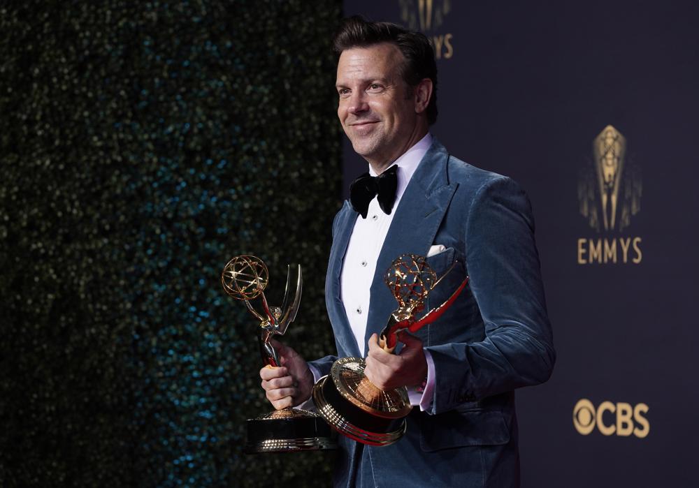 Jason Sudeikis poses for a photo with the award for outstanding lead actor in a comedy series for 