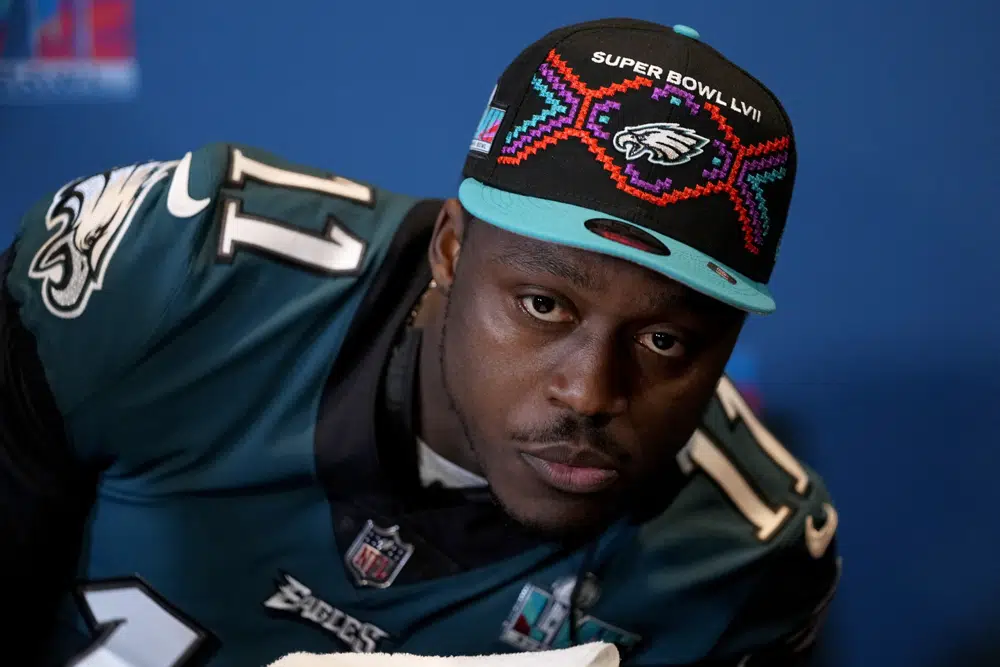 Philadelphia Eagles wide receiver A.J. Brown listens to a question during an NFL football Super Bowl team availability, Wednesday, Feb. 8, 2023, in Phoenix. The Eagles will face the Kansas City Chiefs in Super Bowl 57 Sunday. (AP Photo/Matt York)