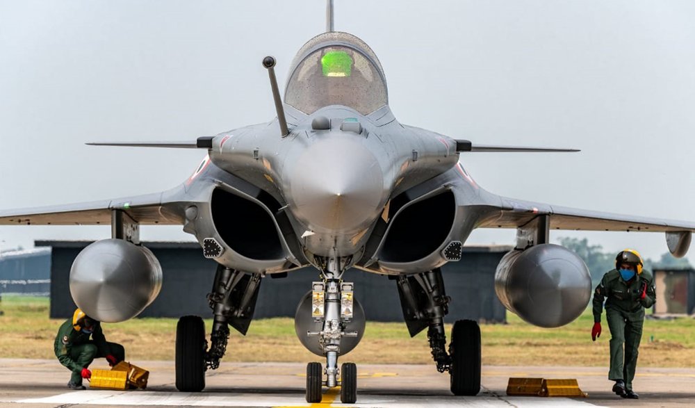 This photograph provided by the Indian Air Force shows a Rafale fighter jet after it landed at Air Force Station in Ambala, India, Wednesday, July 29, 2020. A first batch of five French-made Rafale fighter jets arrived at an Indian air force base on Wednesday, Indian officials said. (Indian Air Force via AP)