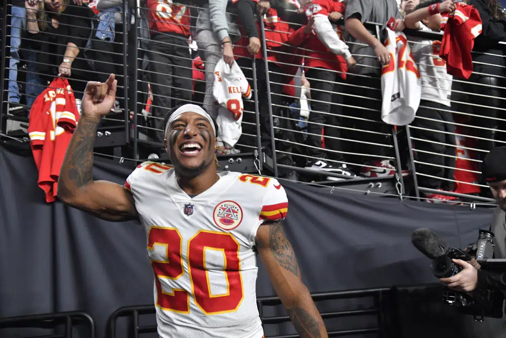 Kansas City Chiefs safety Justin Reid celebrates following an NFL football game against the Las Vegas Raiders Saturday, Jan. 7, 2023, in Las Vegas. The Chiefs won 31-13. (AP Photo/David Becker)