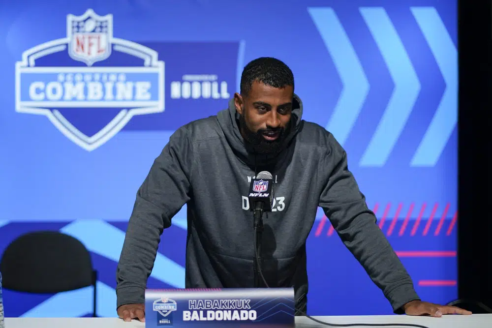 FILE - Pittsburgh defensive lineman Habakkuk Baldonado speaks during a news conference at the NFL football scouting combine, Wednesday, March 1, 2023, in Indianapolis. Baldonado spent three years playing American football in Rome before ever setting foot on U.S. soil. Now, he’s hoping the become the next Pittsburgh protégé to make it big in the NFL. (AP Photo/Darron Cummings, File)