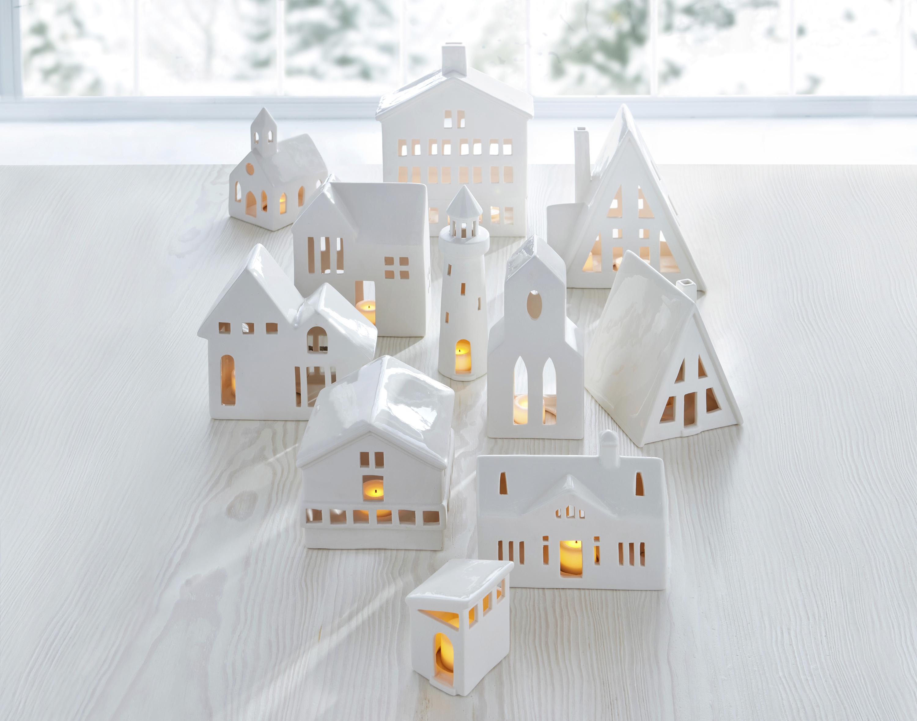 Christmas Village Set Buildings, Trees and people - Pearl white Ceramic  painted