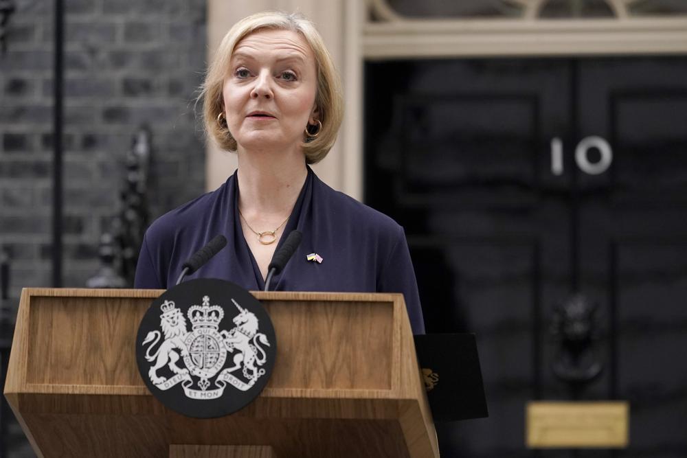 Britain's Prime Minister Liz Truss addresses the media in Downing Street in London, Thursday, Oct. 20, 2022. Truss says she resigns as leader of UK Conservative Party. (AP Photo/Alberto Pezzali)