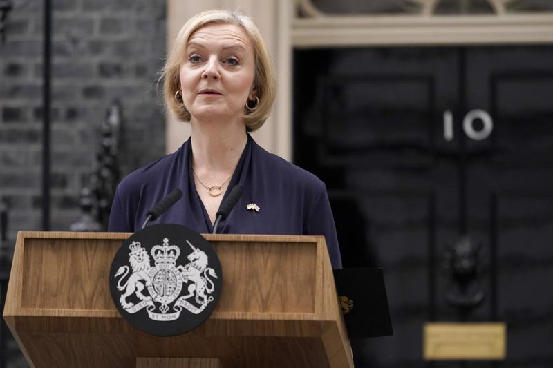 Britain's Prime Minister Liz Truss addresses the media in Downing Street in London, Thursday, Oct. 20, 2022. Truss says she resigns as leader of UK Conservative Party. (AP Photo/Alberto Pezzali)