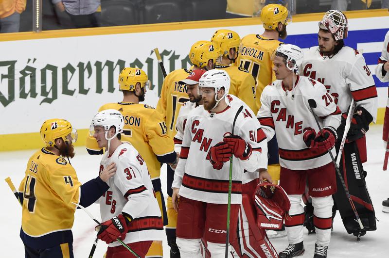 Carolina Rallies Eliminates Preds With 4 3 Game 6 Ot Win