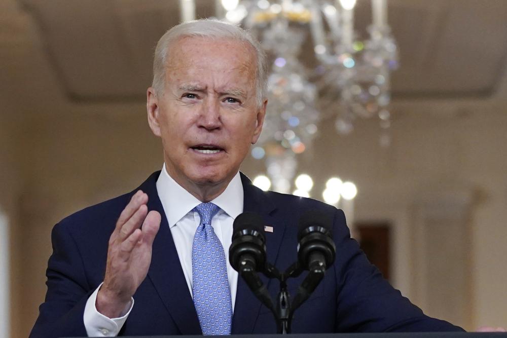 President Joe Biden speaks about the end of the war in Afghanistan from the State Dining Room of the White House, Tuesday, Aug. 31, 2021, in Washington. (AP Photo/Evan Vucci)