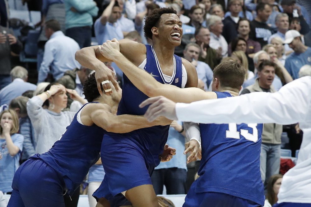 Wendell Moore had a terrific showing, and made the clutch shot in overtime to get his team a decisive, go-ahead victory over North Carolina. (Photo: Gerry Broome/The Associated Press, via AP News.)