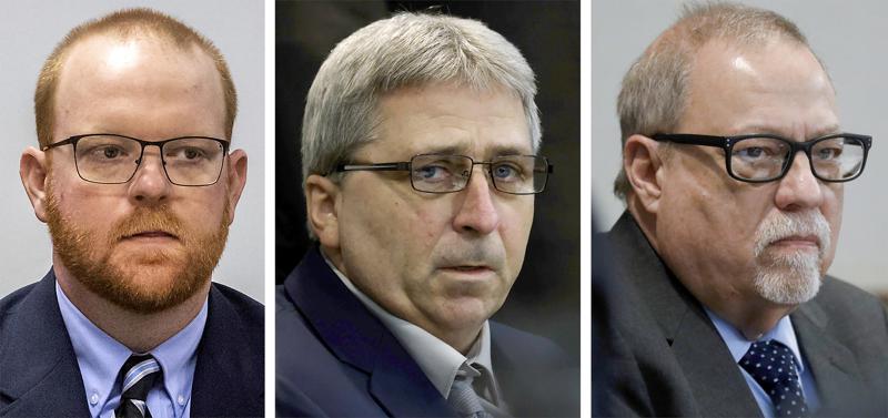 FILE - This photo combo shows, from left, Travis McMichael, William "Roddie" Bryan, and Gregory McMichael during their trial at at the Glynn County Courthouse in Brunswick, Ga.  The jury is deliberating in the federal hate crimes trial of three white men in the killing of Ahmaud Arbery. Jurors discussed the case for three hours Monday, Feb. 21, 2022,  and were to resume Tuesday morning. The three men are serving life sentences for the murder of the 25-year-old Black man.   (Pool, File)