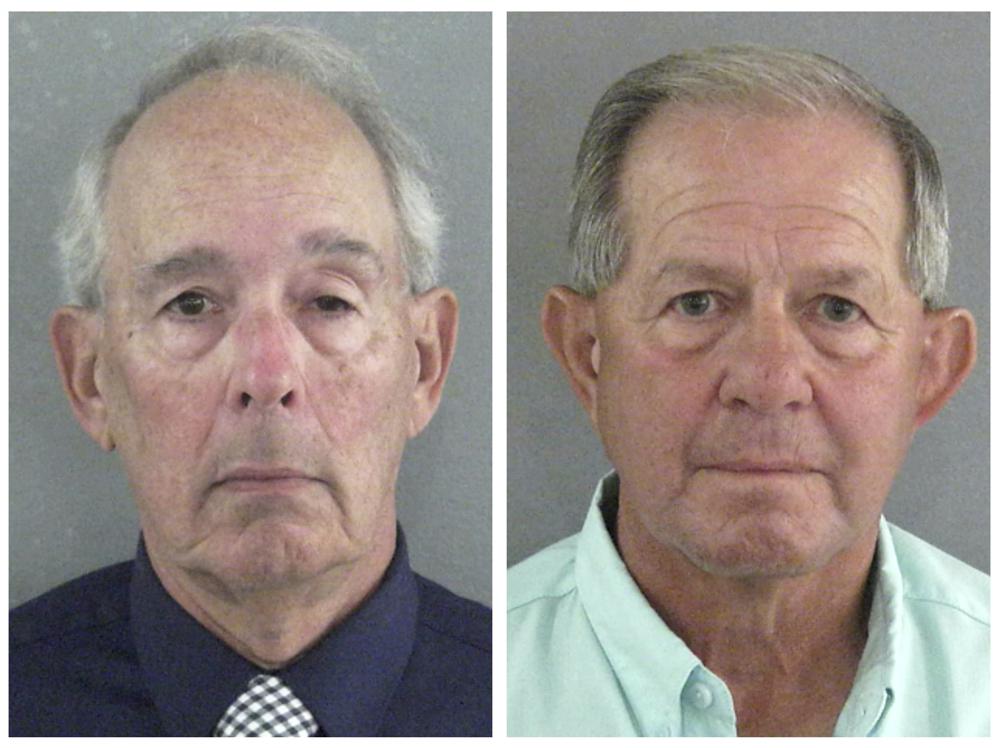 This combo of booking photos released by the Sumter County, Fla., Sheriff’s Office shows Oren Miller, left, and Gary Search, two Sumter County commissioners who were suspended from office on Thursday, Jan. 6, 2022, several weeks after being arrested and charged with lying during an investigation of possible Sunshine Law violations. (Sumter County Sheriff’s Office via AP)