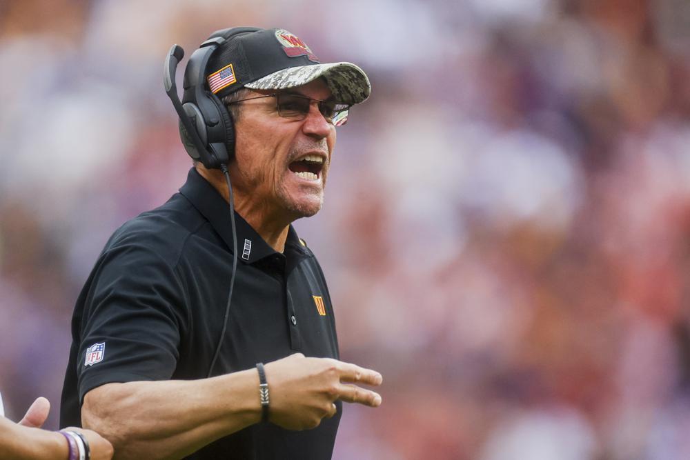 Washington Commanders head coach Ron Rivera reacts after his team was panelized for unnecessary roughness during the second half of a NFL football game between the Washington Commanders and the Minnesota Vikings on Sunday, Nov. 6, 2022 in Landover, Md. (Shaban Athuman/Richmond Times-Dispatch via AP)