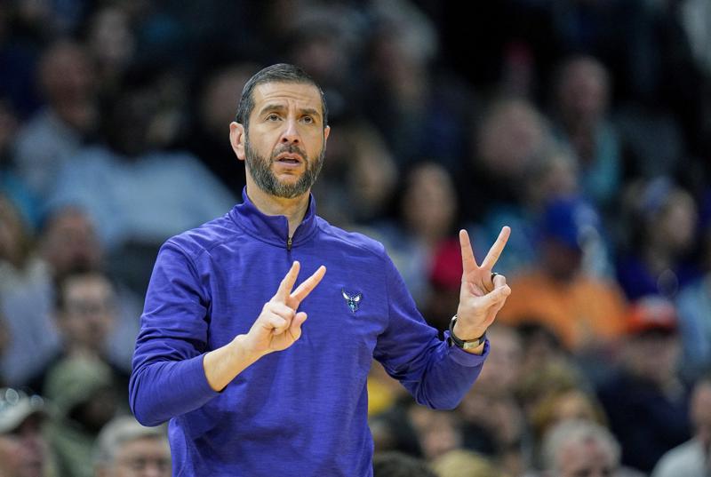 Charlotte Hornets head coach James Borrego calls a play during the first half of an NBA basketball game against the Washington Wizards on Sunday, April 10, 2022, in Charlotte, N.C. (AP Photo/Rusty Jones)