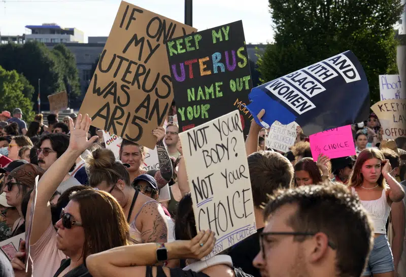 FILE - Protesters rally at the Ohio Statehouse in support of abortion rights after the U.S. Supreme Court overturned Roe vs. Wade, June 24, 2022, in Columbus, Ohio. A pair of groups favoring abortion rights planned to submit fall ballot language Tuesday, Feb. 21, 2023, for a constitutional amendment guaranteeing Ohioans' rights to the procedure, an effort abortion foes vowed to fight back against in force. (Barbara J. Perenic/The Columbus Dispatch via AP, File)