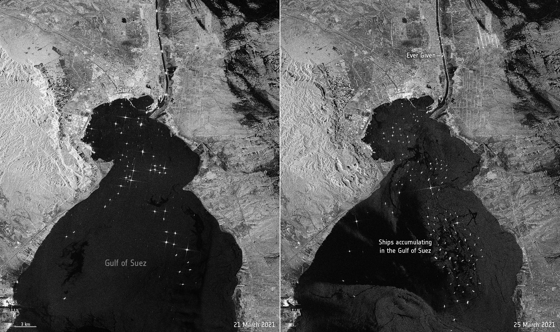 The Suez Canal remains blocked due to efforts to free the blocked ship