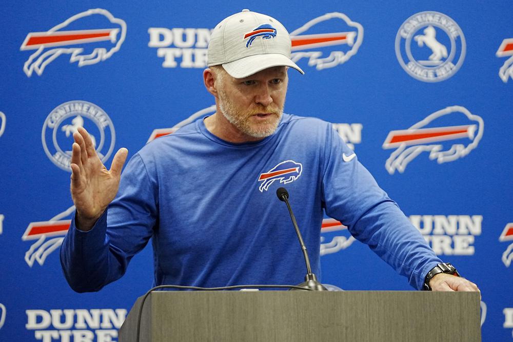 Buffalo Bills head coach Sean McDermott speaks during a news conference after an NFL preseason football game against the Carolina Panthers on Friday, Aug. 26, 2022, in Charlotte, N.C. (AP Photo/Rusty Jones)