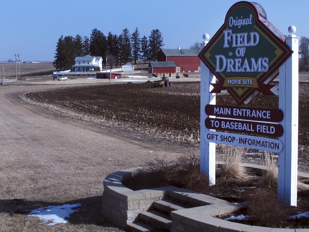 FILE - This March 6, 2012, file photo shows the entrance to the "Field of Dreams" movie site in Dyersville, Iowa. Three decades after Kevin Costner's character built a ballpark in a cornfield in the movie "Field of Dreams," the iconic site in Dyersville, Iowa, prepares to host the state's first Major League Baseball game at a built-for-the-moment stadium for the Chicago White Sox and New York Yankees. (AP Photo/Ryan J. Foley, File)