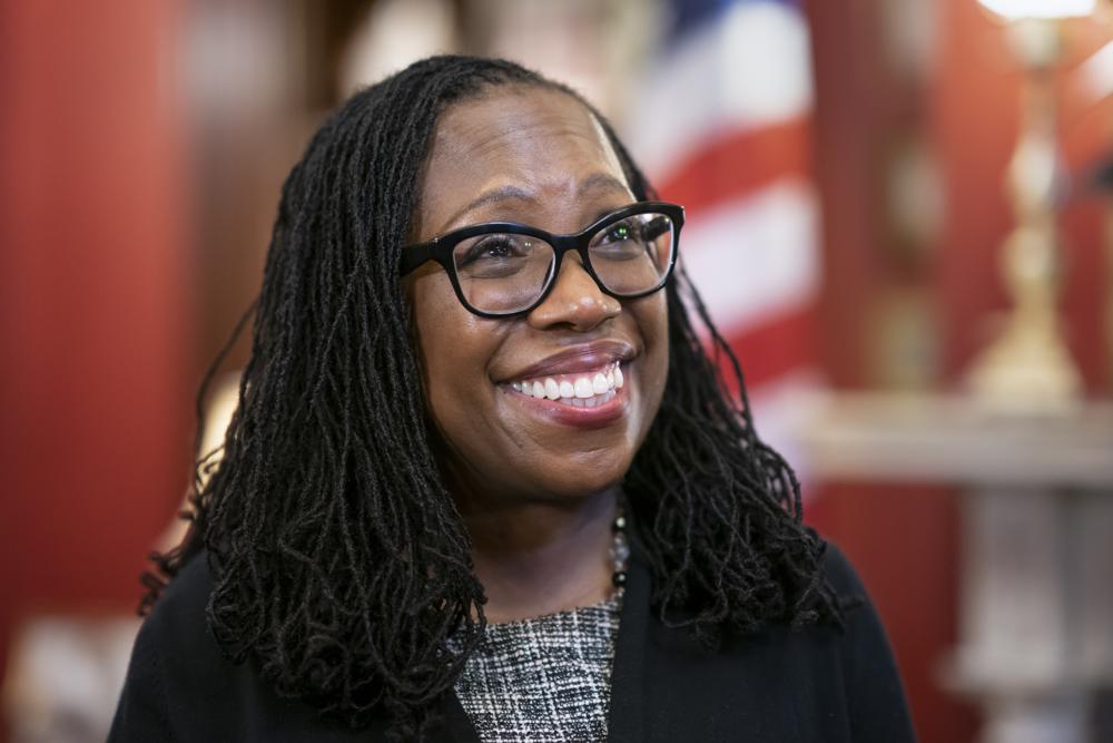 FILE - Supreme Court nominee Judge Ketanji Brown Jackson smiles as Sen. Richard Shelby, R-Ala., arrives for a meeting in his office on Capitol Hill in Washington, March 31, 2022. Democrats are launching a whirlwind of votes and Senate floor action Monday with the goal of confirming Judge Jackson as the first Black woman on the Supreme Court by the end of the week. (AP Photo/J. Scott Applewhite, File)