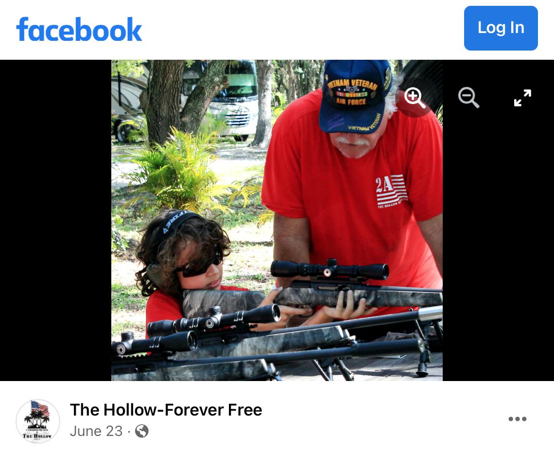 In this photo posted by The Hollow on Facebook in June 2022, a child participates in a free shooting class at the unpermitted gun range adjacent to The Hollow in Venice, Fla. The gun range has hosted groups as large as 40 and has offered free shooting lessons to children as young as six. (AP Photo)