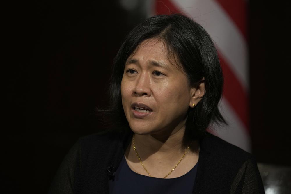 U.S. Trade Representative Katherine Tai gestures during an interview with The Associated Press in Bangkok, Thailand, Friday, May 20, 2022. With world economies all suffering from more than two years of the coronavirus pandemic and global supply problems exacerbated by Russia's invasion of Ukraine, the United States has an "incredible opportunity" to engage with other nations from a common playing field and forge new partnerships and agreements, the top U.S. trade negotiator told The Associated Press.(AP Photo/Sakchai Lalit)
