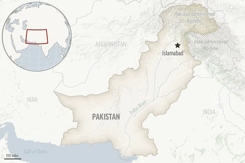 This is a locator map for Pakistan with its capital, Islamabad, and the Kashmir region. (AP Photo)