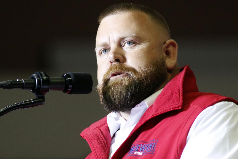 FILE - J.R. Majewski, Republican candidate for U.S. Representative for Ohio's 9th Congressional District, speaks at a campaign rally in Youngstown, Ohio., Sept. 17, 2022. (AP Photo/Tom E. Puskar, File)