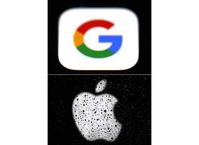 ARCHIVO - Esta combinación de fotos muestra los logos de Google, arriba, y Apple. La Asamblea Nacional de Corea del Sur aprobó el martes 31 de agosto de 2021 un proyecto de ley que prohíbe a los operadores de tiendas de apps como Google y Apple obligar a los desarrolladores a utilizar sus sistemas propios.  
(AP Photo/File)