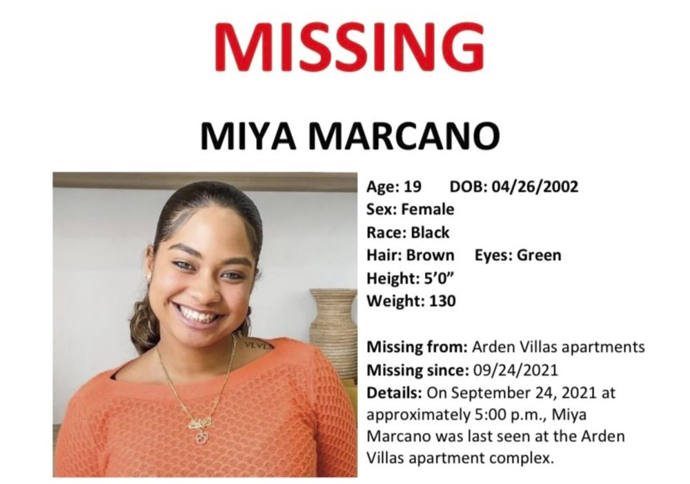 This image provided by the Orange County Sheriff's Office in Orlando, Fla., shows a part of a missing persons poster with an image of missing student Miya Marcano. On Monday, Sept. 27, 2021, authorities found the body of a maintenance worker who was considered a person of interest in the case of Marcano, a central Florida college student who has been missing since Friday, Sept. 24. (Orange County Sheriff's Office via AP)