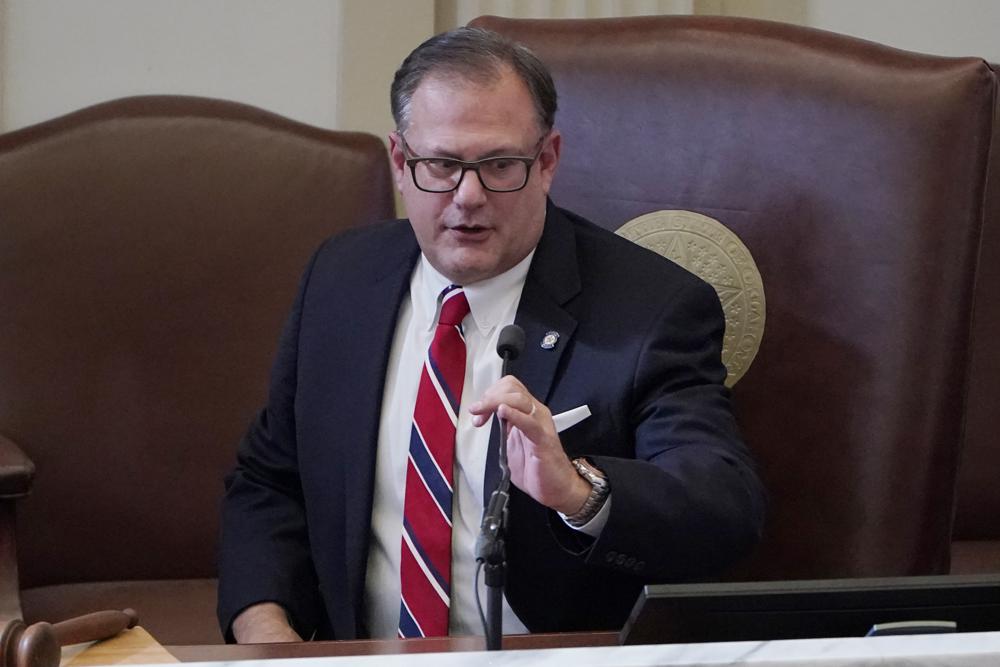 FILE - Oklahoma state Rep. Terry O'Donnell, Speaker Pro Tempore, is pictured on the House floor, Tuesday, Jan. 5, 2021, in Oklahoma City.  O'Donnell and his wife have been indicted on multiple felony counts. The indictment released late Friday, Dec. 17,  accuses House Speaker Pro Tempore Terry O'Donnell of misusing his power to change state law so his wife, Teresa, could become a tag agent.  (AP Photo/Sue Ogrocki, File)