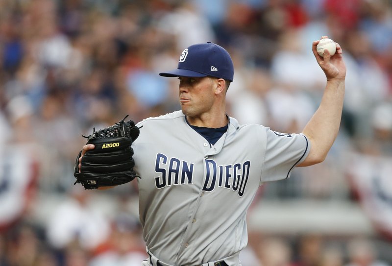 San Diego Padres starting pitcher Clayton Richards works in the first inning of a baseball game against the Atlanta Braves, Saturday, April 15, 2017, in Atlanta. (AP Photo/John Bazemore)