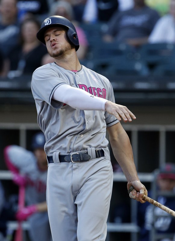 San Diego Padres' Wil Myers reacts after striking out swinging against the Chicago White Sox during the first inning of an interleague baseball game in Chicago, Saturday, May 13, 2017. (AP Photo/Nam Y. Huh)