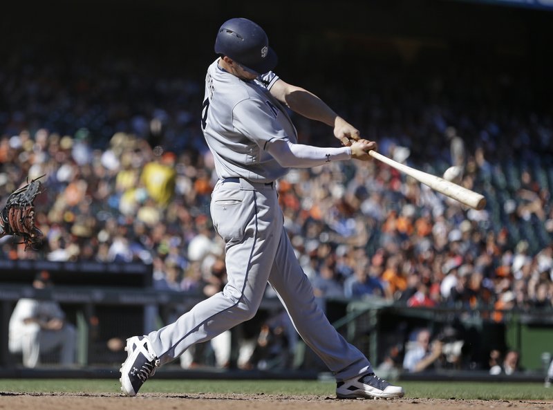 San Diego Padres' Wil Myers connects for a three-run home run off San Francisco Giants' George Kontos in the 12th inning of a baseball game Sunday, April 30, 2017, in San Francisco. (AP Photo/Ben Margot)