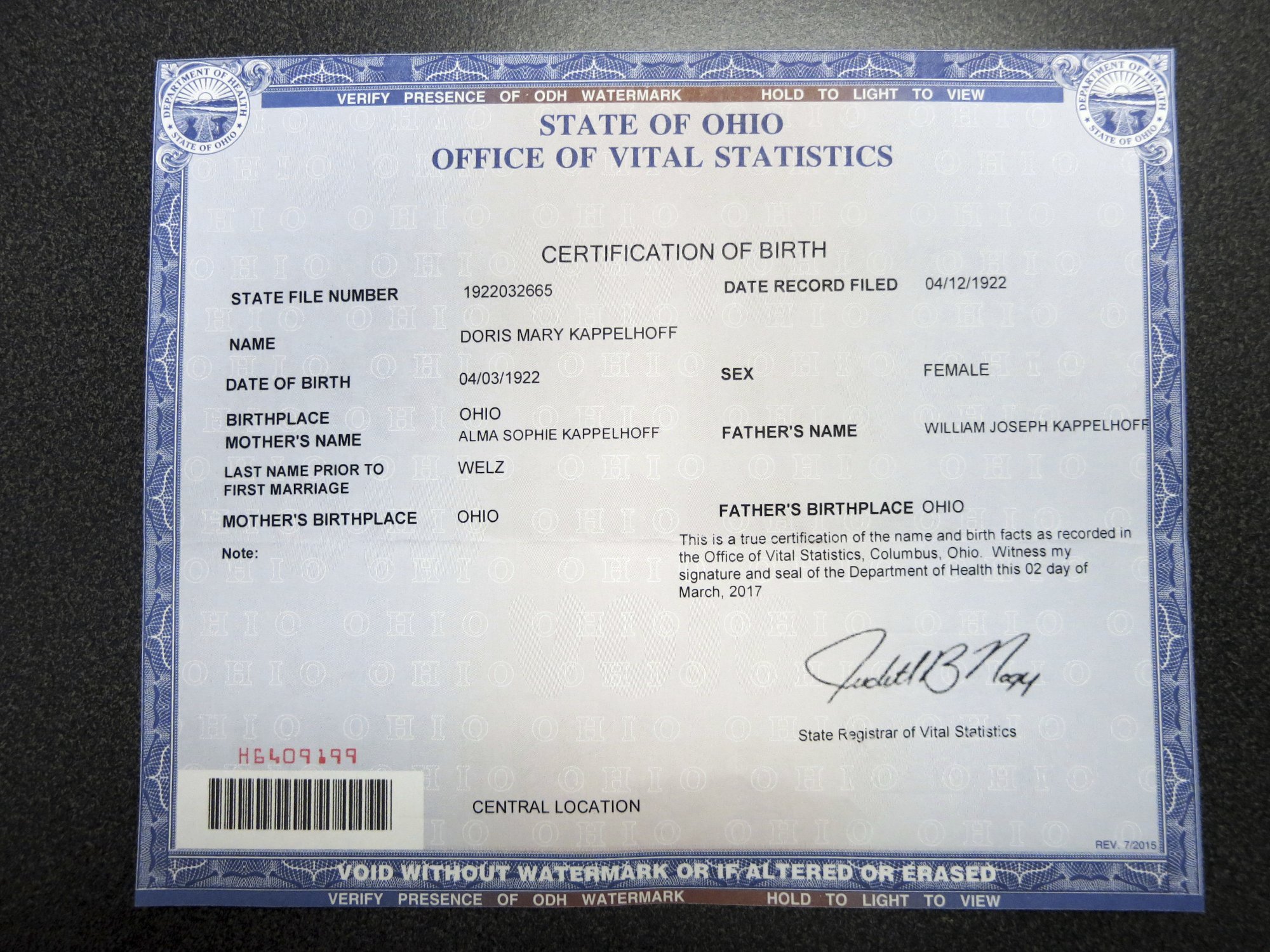 Long Form Ohio Birth Certificate : r/Ohio