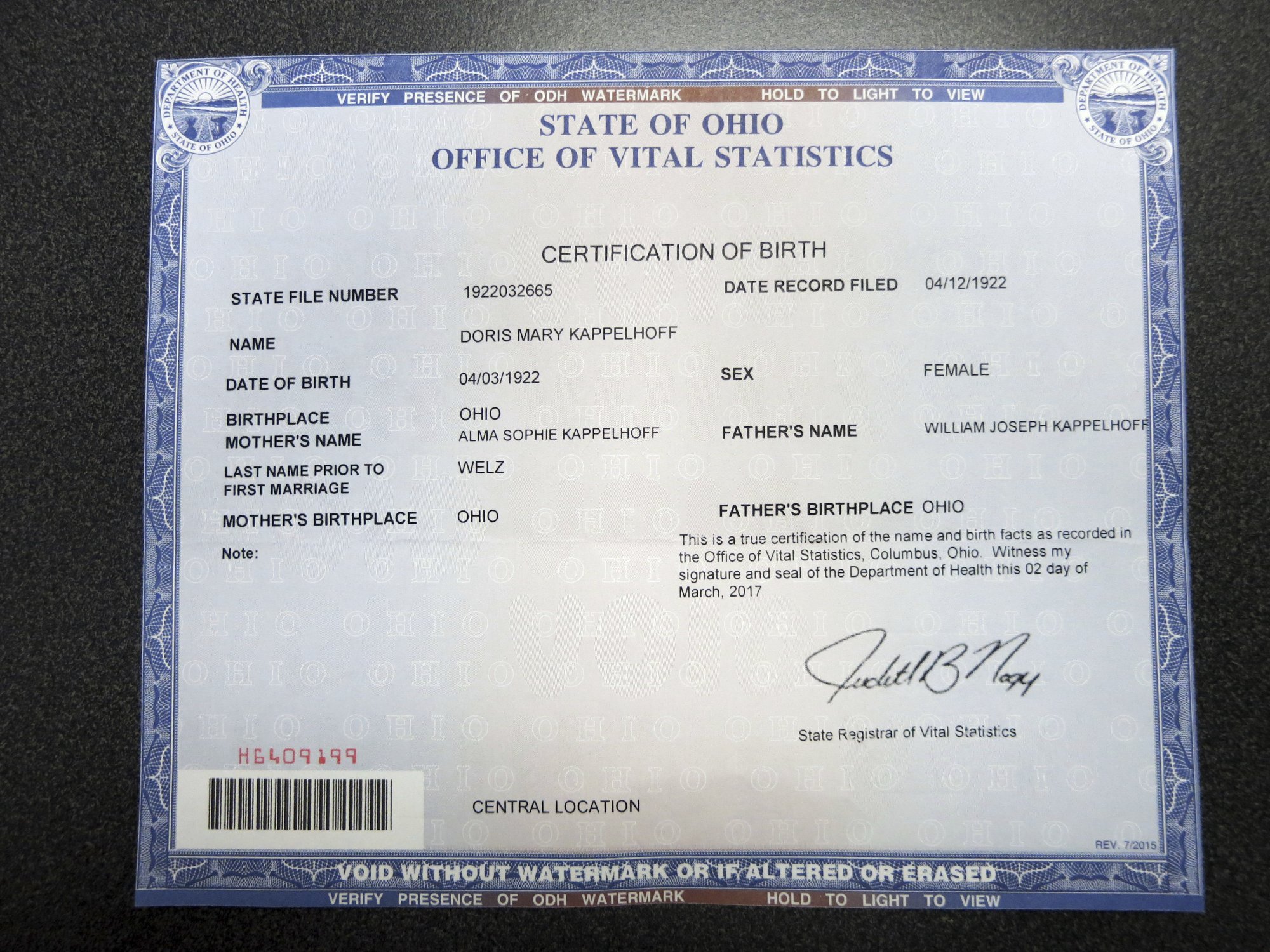 Ohio Birth Certificate Template